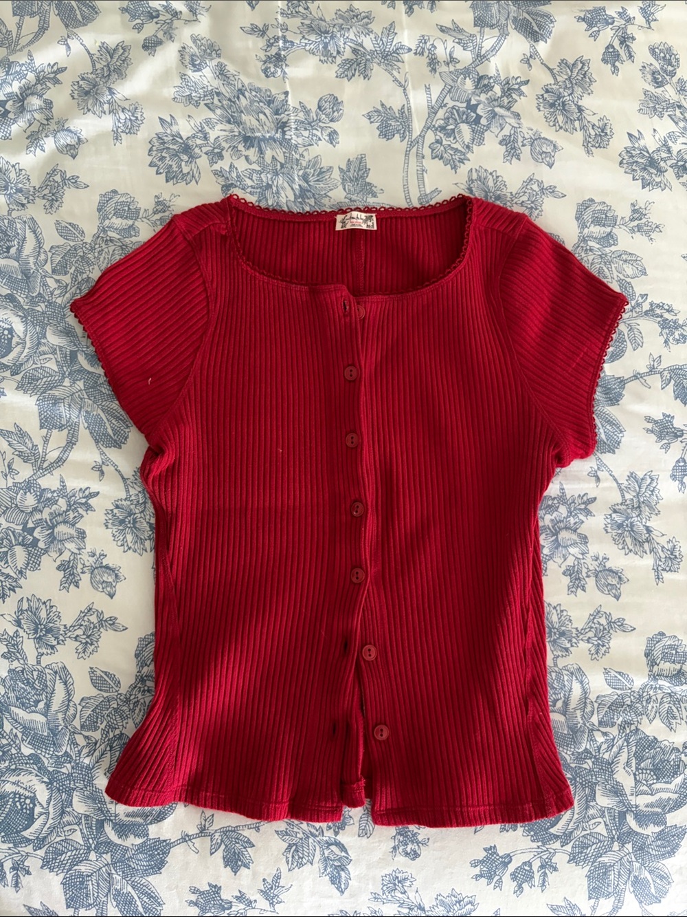 Free People Crimson Ribbed Button-Front Short Sleeve Top